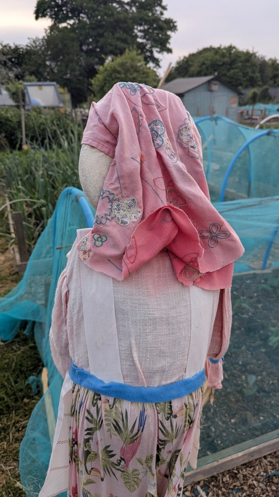 A homemade scarecrow dressed in a pink headscarf and a floral skirt, standing among netted growing beds on an allotment plot.