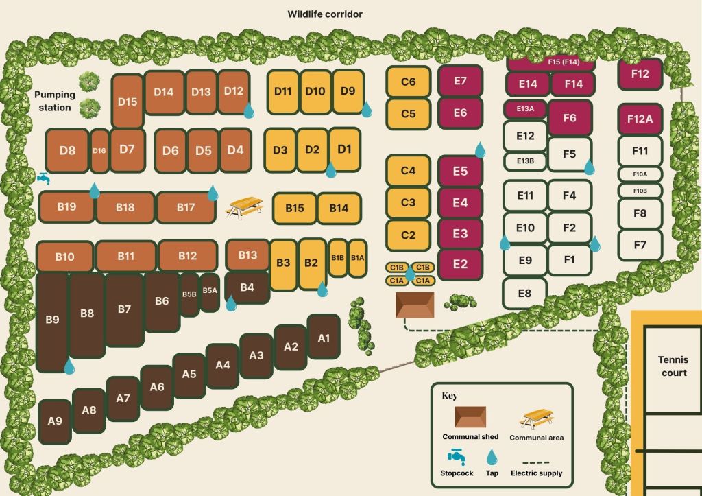 A illustrated map of Four Marks Allotment showing all numbered plots across sections A to F, with key indicating the locations of water taps, stopcocks, electric supply, communal shed, communal area, and a wildlife corridor along the northern boundary. A tennis court is shown adjacent to the site.